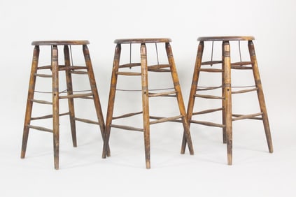 Set of 3 Industrial Wooden Barstools with Turned Legs