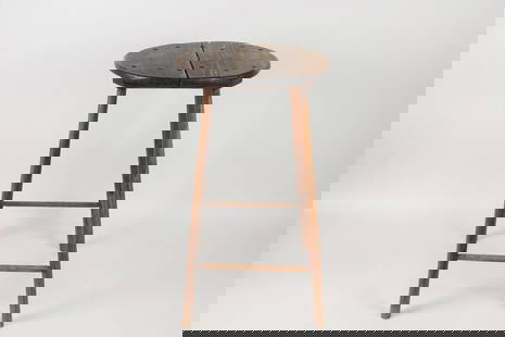 Primitive Wooden Display Stand or Side Table: Primitive Wooden Display Stand or Side Table. Made of wood with 4 legs and round top, useful as a sculpture display or plant stand or side table. Dimensions are 28 in h x 17.5 in w x 17.5 in d. Condit