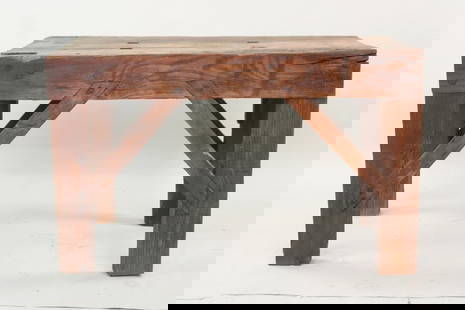 Industrial Thick Chunky Wood Work Table, Butcher or Blacksmith: Industrial Thick Chunky Wood Work Table, Butcher or Blacksmith. This heavy duty table has a very thick top, almost like a butcher block top. There are 4 notched holes for adding a tool or device. Dime