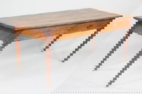 Primitive Wooden Farm Work Table with Drawer: Primitive Wooden Farm Work Table with Drawer. Simple table has turned legs and a single drawer with wooden pull. Dimensions are 28 in h x 62 in w x 31 in d. Condition is good, with drawer front reglue