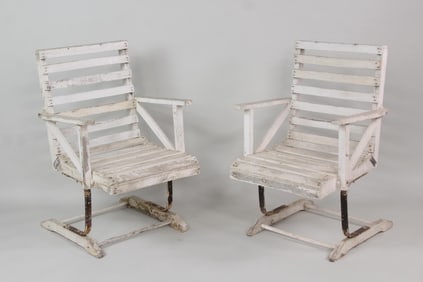 Pair of White Painted Wood Slatted Springer Porch Chairs