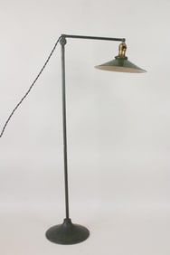 Industrial Brass Floor Lamp with Verdigris Finish & Green Shade