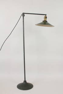 Industrial Brass Floor Lamp with Verdigris Finish & Green Shade: Industrial Brass Floor Lamp with Verdigris Finish & Green Shade. Brass floor lamp with adjustable green enamel shade, and beautiful verdigris finish on base and stem. Dimensions are 41.5 to 70 in h x