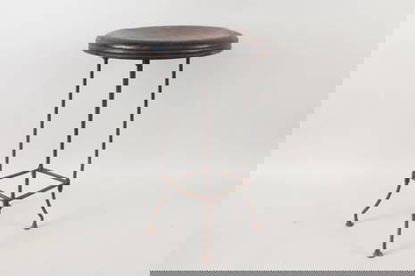 Thin Iron Based Industrial Stool: Thin Iron Based Industrial Stool. This would be great as a little side table as well. Thin legs but being iron it's still strong. Dimensions are 23 in h x 14.5 in w x 14.5 in d. Condition is good. Ple