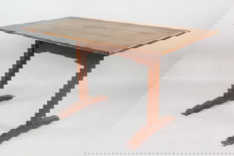 Wooden Trestle Table in the Manner of George Nakashima: Wooden Trestle Table, Manner of George Nakashima. Minimalist wooden table with rectangular plank top, with elements of design similar to George Nakashima. Dimensions are 30.5 in h x 54 in w x 30 in d.