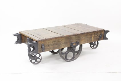 Industrial Iron & Wood Railroad Cart Coffee Table, Cincinnati, Ohio