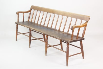 Long Wooden Spindle Back Windsor Bench, 1 of 2