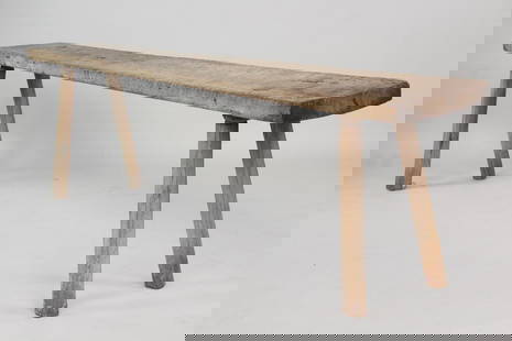 Primitive 8.5 Ft Wooden Peg Leg Farm Console Table: Primitive 8.5 Ft Wooden Peg Leg Console Table. Table with narrow top made from a single slab of wood. Stands on 4 peg legs. Great patina. Dimensions are 26.5 in h x 103.75 in w x 13.25 in d (legs are