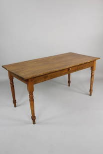Antique Turned Leg One-Drawer 5 ft. Farm Harvest Table: Antique Primitive 5 foot Turned Leg One-Drawer Farm Harvest Table. This is an all original farm table, with one drawer. Dimensions are 29.25 in h x 60 in w x 29 in d. Condition is good. A crack to the