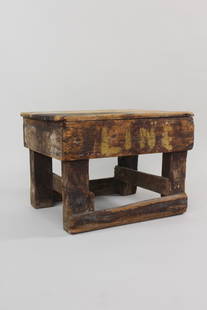 Primitive Factory "Line" Assembly Table: Primitive Factory "Line" Assembly Table. This industrial wood make-do side table was used in a factory. The word "Line" is painted on the side. Dimensions are 17 in h x 18.75 in w x 25 in d. Condition