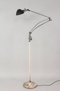 Industrial Dazor Floating Arm Floor Lamp: Industrial Dazor Floating Arm Floor Lamp. This metal light has a white painted base and adjustable arm with jointed angles to specify the height and direction of the funnel spotlight shade. Marked on