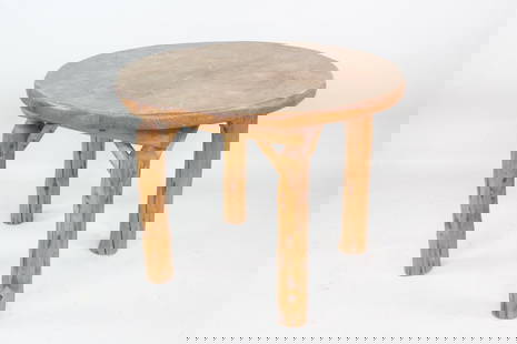 Adirondack Style Log Leg Round Table: Adirondack Lodge Style Primitive Log Table. Chunky wooden table with round top and thick log legs. Dimensions are 28.5 in h x 37 in w x 37 in d. Condition is good with minor wear, scuffs and scratches