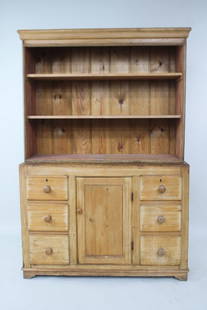 Scrubbed Pine Country Stepback Cupboard: Scrubbed Pine Country Stepback Cupboard. This cabinet has 6 drawers and open shelves. It is top and bottom two pieces. It appears there may have been doors at one point on the top half. Dimensions are