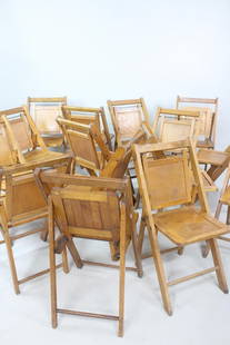 Group of 23 Folding Chairs, Wedding Event Venue: Lot of 21 Wooden Folding Chairs, Wedding Event Venue. These stackable folding chairs have back rests and simple folding legs. Some have slatted seats and backs, with some made of plywood. Great for ou