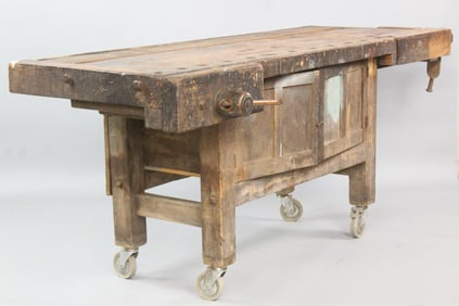 Industrial Wooden Carpenter's Work Bench on Casters