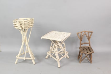 Group of 3 Adirondack Wooden Twig Furniture; Planter, Table & Chair
