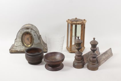 7 Piece Home Decor Lot, Advertising Tin Clock, Treenware & More