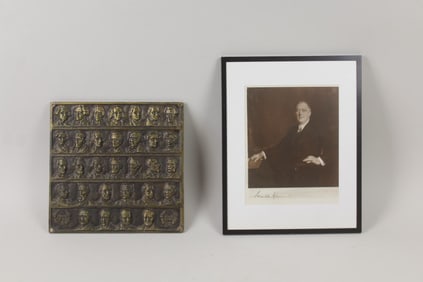 1933 Presidential Bronze Plaque & Signed Franklin D. Roosevelt Portrait