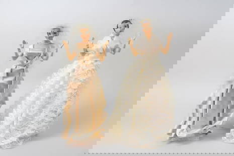 Pair of Bridal Store Wedding Dress Store Display Miniature Mannequins: Pair of Bridal Store Wedding Gown Store Display Miniature Mannequins. This pair of advertising figures is for a store selling Wedding Dresses. They stand on their own. They appear to be painted compos