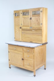 Hoosier Cabinet with Stenciled Spice Tins & Slag Glass