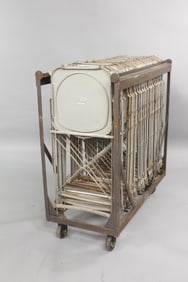 Industrial Rolling Rack Full of 23 Metal Folding Chairs, Brewer-Tichner Co.