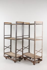 Pair of Industrial Steel & Wood Factory Rolling Shelf Racks