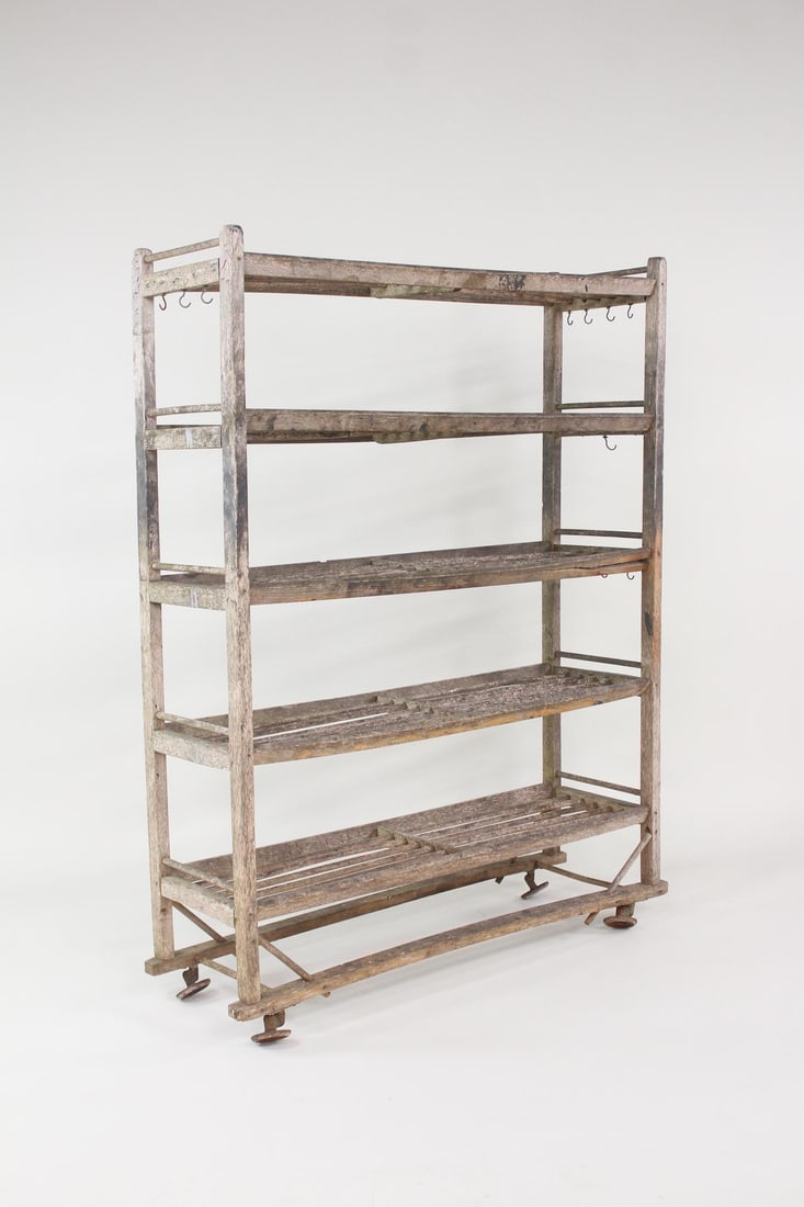 Industrial Rolling Wooden Baker's Rack with Hooks (1 of 17)