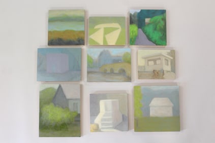 Group of 9 Clark Murray Expressionist Paintings, Buildings & Landscapes in Muted Colors