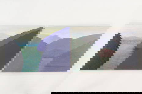 Pair of Large Clark Murray Expressionist Paintings, Hudson River Landscapes: Pair of Large Clark Murray Expressionistic Paintings, Minimalist Landscapes.Two complementary paintings on cradled hard panels of idealized mountain and water landscapes, perhaps inspired by the Hudso