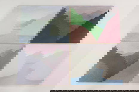 Group of 4 Large Clark Murray Expressionist Paintings, Hudson River Landscapes: Group of 4 Large Clark Murray Expressionistic Paintings, Minimalist Landscapes. Four complementary paintings on cradled hard panels of idealized mountain and water landscapes, perhaps inspired by the