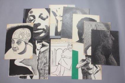 Group of 12 Abstract Clark Murray Large Portrait Pencil Hatching Drawings