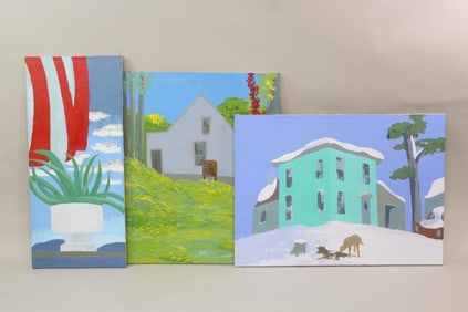 Lot of 3 Modernist Paintings by Edward Avedisian, Houses, Potted Plant