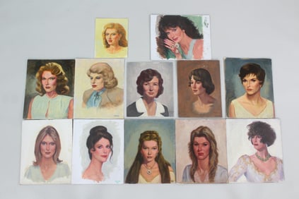 Lot of 12 Portrait Paintings of Women, Signed Reber, 1 of 2