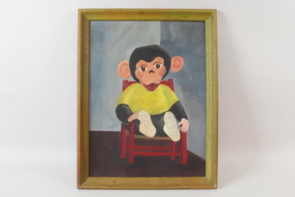 Creepy Framed Painting of Toy Monkey
