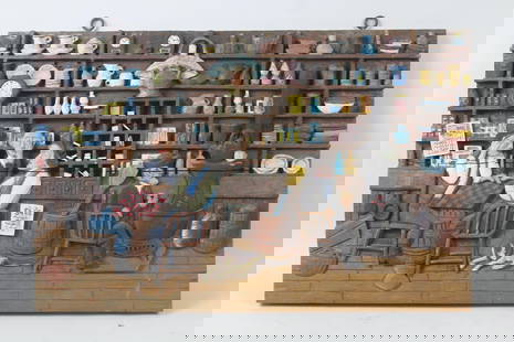 Carved Wood Relief Folk Art Picture of a General Store: Carved Wood Relief Folk Art Picture of a General Store. Highly detailed wood relief picture of the interior of a general store, complete with 3 men playing checkers, a man next to a wood stove, stocke