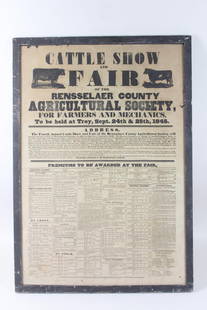 Framed 1845 Broadside Poster for Cattle Show Fair in Rensselaer County, NY: Framed 1845 Broadside Poster for Cattle Show Fair in Rensselaer County, NY. This is a broadside poster for the Agricultural Fair, features graphics of Cows. Dimensions are 39.5 in h x 27.75 in w x 1in