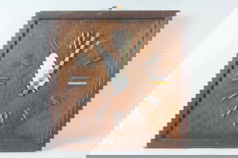 Mid Century Modern Minimalist Wood & Metal Wall Clock: Mid Century Modern Minimalist Wood & Metal Wall Clock. Clock made of dark wood with small metal pieces, missing one piece on the numbers. Mechanism on the back marked Synchron. Dimensions are 23 in h