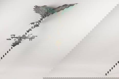 Duck Copper Weathervane with Verdigris Finish: Duck or Goose Copper Weathervane with Verdigris Finish. Unusual weather vane depicting a duck or rooster in flight, complete with directionals, sphere and verdigris finish. Dimensions are 48 in h x 27