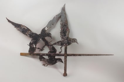 Folk Art Sheet Iron Weathervane of Birds Flying, Wrought Iron Pointer