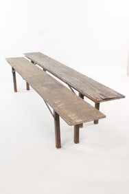 Pair of Industrial Steel & Wood Folding Benches