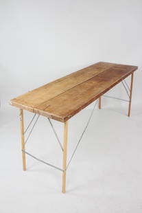 Wood & Metal Folding Wallpaper Table: Industrial Wood & Metal Folding Wallpaper Table with wood legs and metal supports. Lightweight, with legs and supports which fold in underneath top for portability. Great patina. Dimensions are 33 in