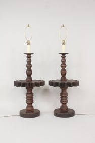 Pair of Industrial Wooden Cog Wheel Floor Lamps