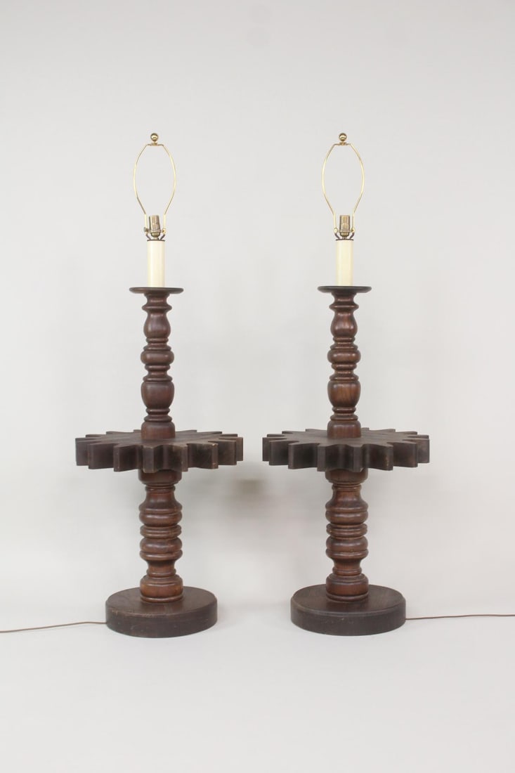 Pair of Industrial Wooden Cog Wheel Floor Lamps (1 of 11)