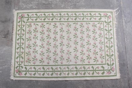 Dhurrie Rug with Pink & Green Flowers, 6x4 Ft