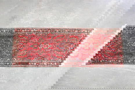 Persian Hamedan Mehraban Rug Oriental Runner Rug, 9x3 Ft: Persian Hamedan Mehraban Rug Oriental Runner Rug, 9x3 Ft. Long runner wool rug in red with a black border and floral details. Made in Iran label attached. Dimensions are 102 in h x 34 in w x .5 in d.