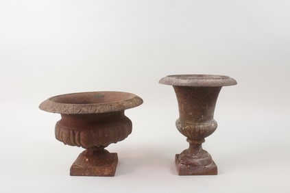 Pair of Mismatched Small Cast Iron Garden Urn Planters