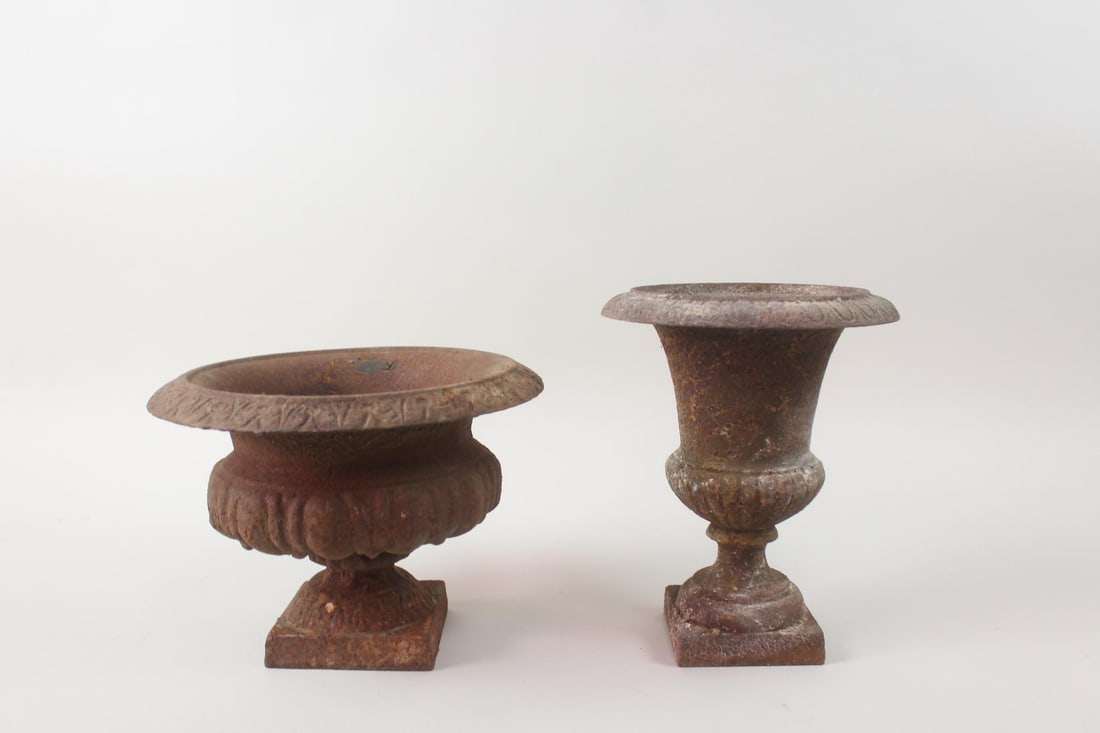 Pair of Mismatched Small Cast Iron Garden Urn Planters (1 of 10)