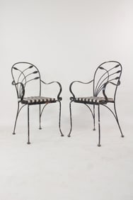 Pair of Art Nouveau Wrought Iron Outdoor Patio Chairs, Leaf Motif