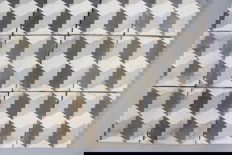 Lot of 64 Cubist Cement Encaustic Style Tiles, 8x8inch: Lot of 64 Cubist Cement Encaustic Style Tiles, 8x8inch. We do not have much info about these tiles, there are 64 total, each tile is 8 inch. They are almost 1 in thick. Dimensions are 8 in h x 8 in w