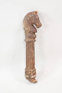 Antique 19th C. Rusty Horse Head Cast Iron Hitching Post: Antique 19th C. Rusty Horse Head Cast Iron Hitching Post. This old hitching post has two halves, currently held together by a metal strap around the bottom (not original). Also not a clean break at